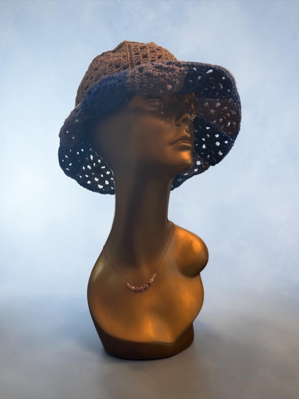 Crocheted Bucket Hat in Brown and Navy - Women's Accessories